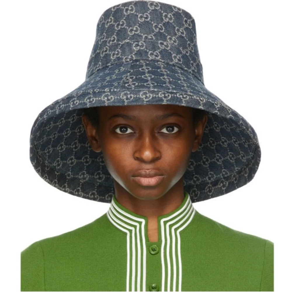 Gucci GG Denim Monogram Bucket Hat Wide Large Brim Navy Blue Sun Coverage - Picture 5 of 15